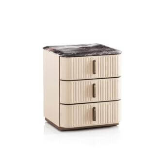 Distinguished DV Home Collection Windsor nightstand with creamy off-white synthetic material and gray-brown marble-patterned surface in a matte finish