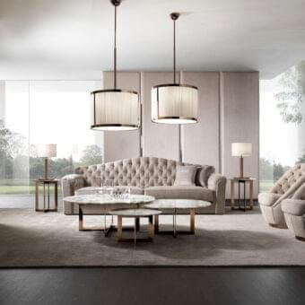 Distinguished DV Home Collection Windsor suspension lamp with a white textile pleated lampshade and copper-toned metal structure