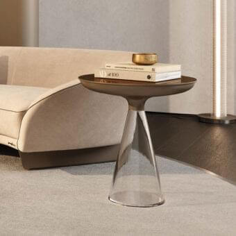 Distinctive Reflex Accademia side table with bronze mirror glass tabletop and brushed brass base in an hourglass silhouette