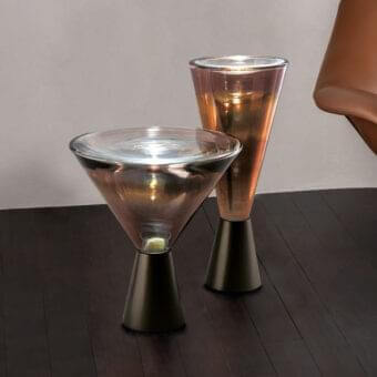 Distinguished Reflex Accademia side table with hand-blown Murano glass top and bronze sputtering finish, incorporating a subtle LED spotlight