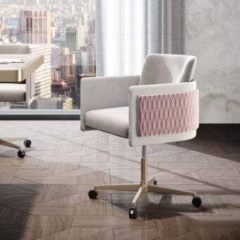 Exclusive Reflex Amet armchair with light gray textile upholstery and pink quilted side panels, built with a gold metallic height-adjustable base