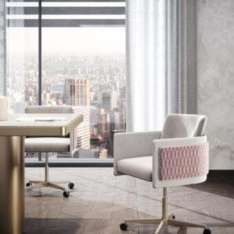 Sophisticated Reflex Amet armchair with light grey fabric upholstery and quilted pink panels on a height-adjustable metal base with wheels