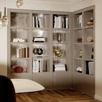 Avant-garde Reflex bookcase with shiny lacquered wood offering ample open and closed storage in muted taupe or gray