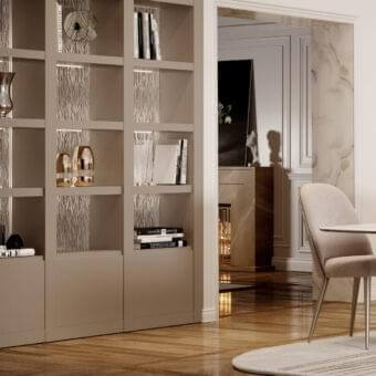 Avant-garde Reflex bookcase with shiny lacquered wood structure and matte light-brown finish offering patterned illumination