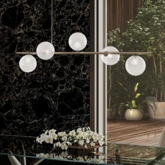 Distinguished Reflex Bulles XL suspension lamp with a bronze metal structure and transparent borosilicate glass spheres in a shaded sputtering finish