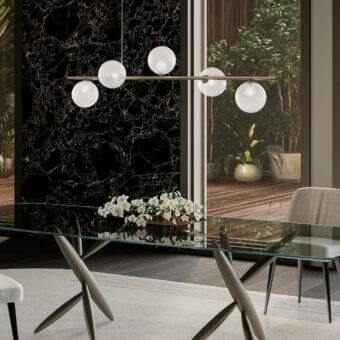 Distinguished Reflex Bulles XL suspension lamp with frosted white borosilicate glass spheres and a bronze metal structure