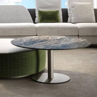Exceptional Reflex Rondo coffee table with swirling blue, brown and white marble glass and brushed matte metal base