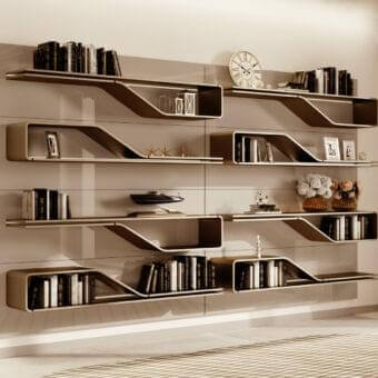 Exceptional Reflex Segno bookcase with curved wooden panels, integrated lighting, and a glossy warm beige finish