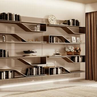 Distinguished Reflex Segno bookcase with curved wooden panels and integrated lighting in a neutral beige finish