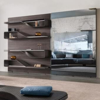 Elegant Reflex Segno bookcase with integrated lighting, a television space, and a matt Henné lacquered finish crafted in Supersilver mirror and marble-patterned surface
