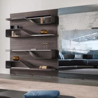 Exceptional Reflex Segno bookcase with integrated LED lighting and sleek Supersilver mirror in Henné lacquer finish