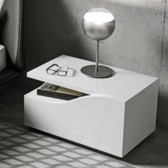 Elegant Reflex Segno nightstand with wooden structure, shiny lacquered finish and shaped drawer for streamlined storage