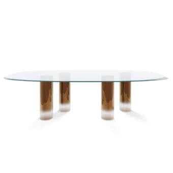 Superior Reflex Signore degli Anelli table with extra-clear glass top and gradient translucent white to metallic bronze Murano glass cylinders