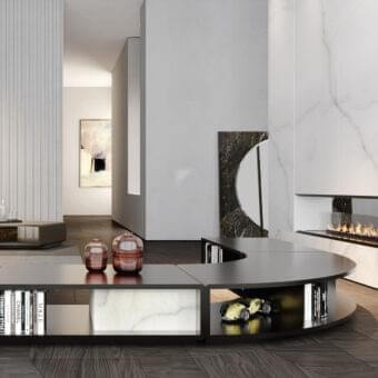 Innovative Reflex Space bookcase with wooden structure and contrasting marble-like compartments in metallic finishes