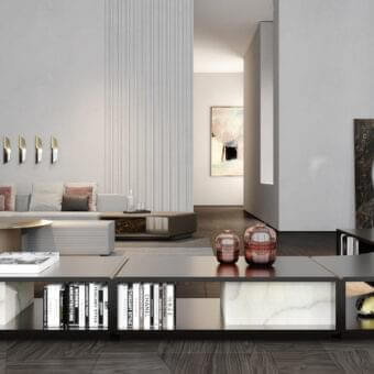 Exclusive Reflex Space bookcase with a dark gray painted metallic finish and white Marble Glass drawers