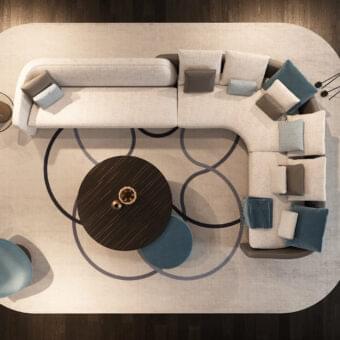 Innovative Reflex Stratum sectional with neutral beige textile upholstery and subtle gray-blue cushions crafted in Italy with wooden structure