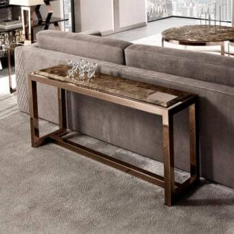 Distinctive DV Home Collection Age sofa back console with a glamourous marble top and high-end stainless steel base