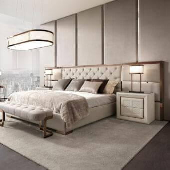 Elegant DV Home Collection Chelsea Maxi bed with light beige textile and refined metal frame built with multilayer structure