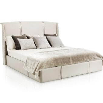 Exceptional DV Home Collection Coco bed crafted in light beige synthetic leather with smooth finish and vertical stitched detailing