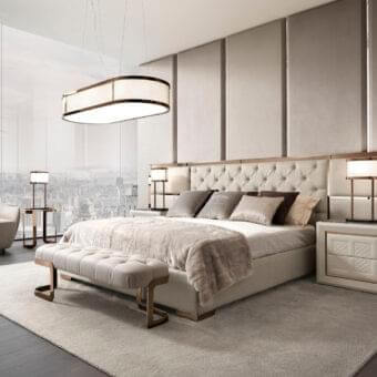 Exceptional DV Home Collection Coco Capitonne' bench with light beige tufted fabric and glossy steel legs