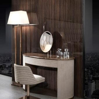 Sophisticated DV Home Collection Deco floor lamp with curved quilted light beige fabric and glossy bronze toned metal structure