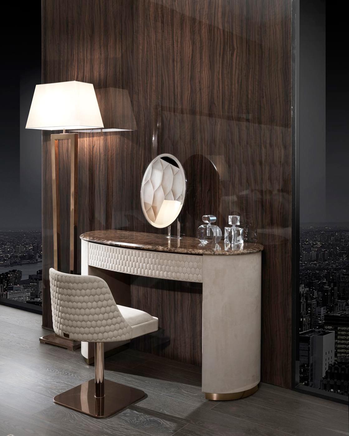 Sophisticated DV Home Collection Deco floor lamp with curved quilted light beige fabric and glossy bronze toned metal structure