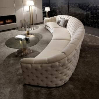 Superior DV Home Collection Epoque sofa with light cream textile upholstery and refined tufted back finish