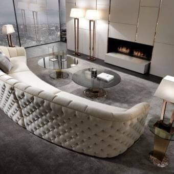 Distinguished DV Home Collection Epoque sofa crafted in Italy with light cream plush fabric and a refined tufted finish