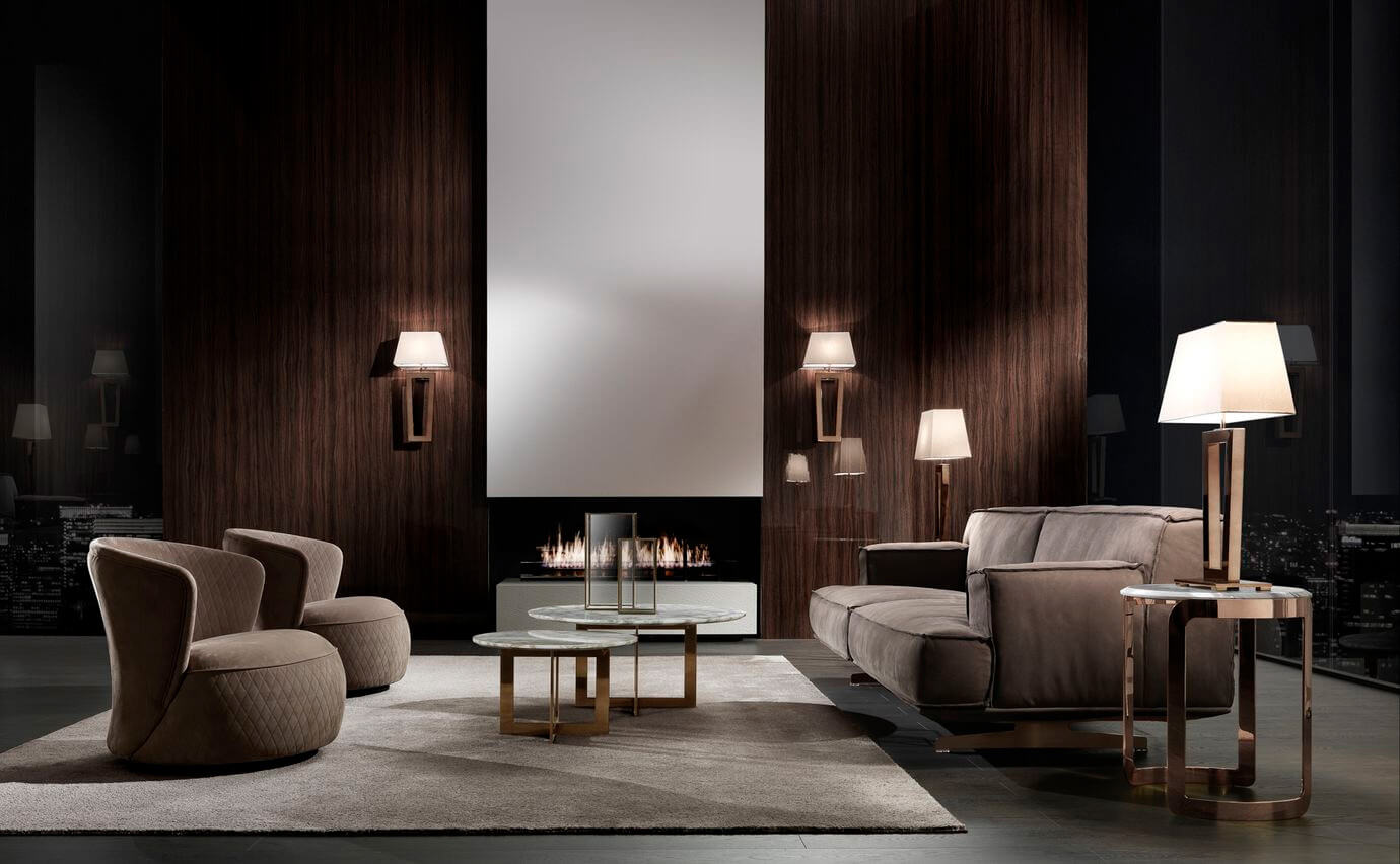 Elegant DV Home Collection Deco table lamp with a medium brown fabric lampshade and smooth matte finish