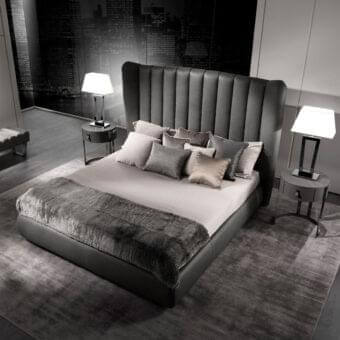 Exceptional DV Home Collection Hermes bed with multilayer structure in smooth matte medium gray textile and channel-tufted headboard