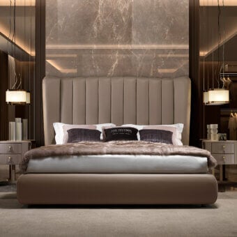 Superior DV Home Collection Hermes bed with light brown textile upholstery and vertical quilting on a rounded frame