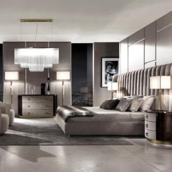 Superior DV Home Collection Hermes bed with soft gray textile upholstery and refined vertical quilting