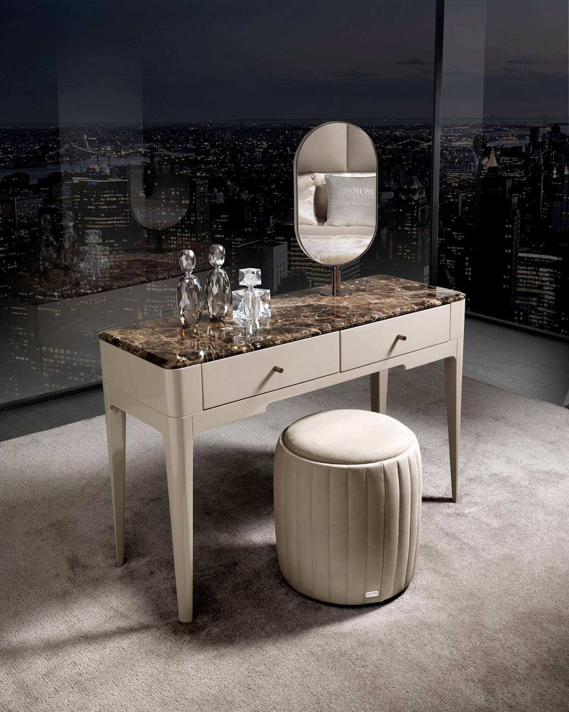 Exceptional Hermes ottoman crafted with beech wood and light beige textile upholstery with smooth matte finish