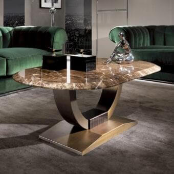 Distinguished DV Home Collection Hermes Plaza coffee table with glossy faux marble top and bronze-toned metal base crafted with U-shaped support