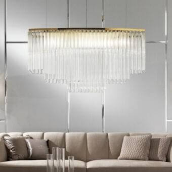 Lavish DV Home Collection Hermes suspension lamp with multi-tiered rectangular form and 24kt gold finish crafted in Italy with natural crystal pendants