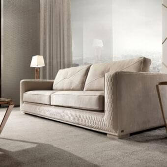 Lavish DV Home Collection Master sofa in light beige fabric with quilted honeycomb detailing and goose feather cushions