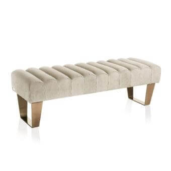 Distinguished DV Home Collection Deco bench crafted in Italy with quilted light beige textile and reflective steel legs