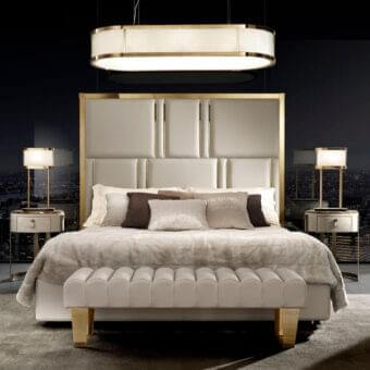 Distinguished DV Home Collection Deco bench with a light beige quilted fabric seat and glossy gold-toned steel legs