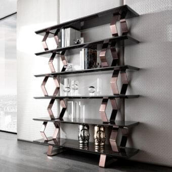 Distinguished DV Home Collection Deco bookcase with six glossy lacquered shelves and ten refined hexagonal metal elements