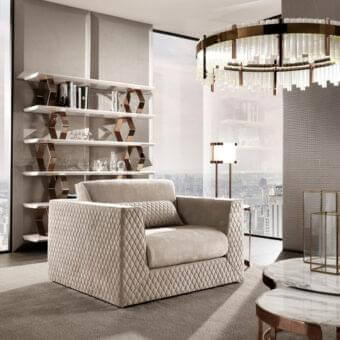 Superior DV Home Collection Deco bookcase with white MDF shelves and refined copper-toned hexagonal metal elements in a sleek matt lacquered finish