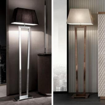 Distinguished DV Home Collection Deco floor lamp with copper-toned metal and light gray fabric lampshade with glossy finish