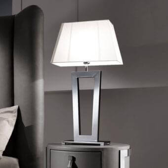 Elegant DV Home Collection Deco table lamp with white fabric lampshade and glossy metal frame crafted in Italy