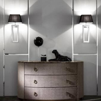 Distinguished DV Home Collection Deco wall lamp with a refined black fabric lampshade and glossy silver finish