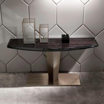 Exceptional DV Home Collection Stanley console with semi-circular glossy dark brown wood and muted gold-tone stainless steel pedestal base
