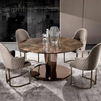 Distinguished DV Home Collection Stanley table with glossy lacquered wood and reflective bronze toned stainless steel base