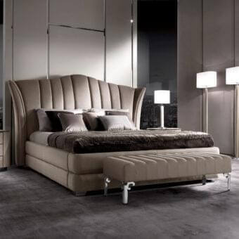 Exceptional DV Home Collection Vanity bed with taupe fabric, curved headboard and sleek metal trim