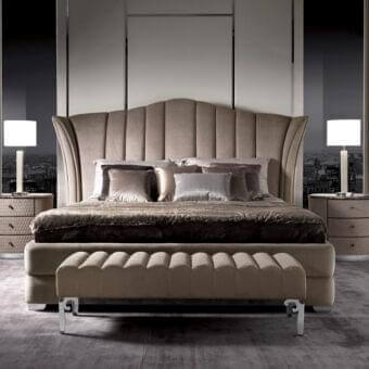 Exceptional DV Home Collection vanity bed with light beige upholstery and vertical quilted headboard crafted in multilayer polyurethane foam