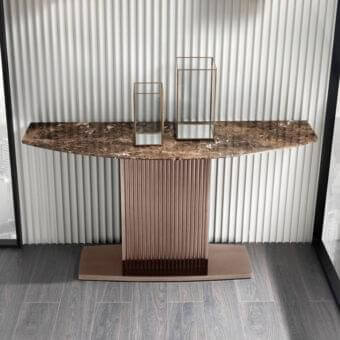 Distinguished DV Home Collection Windsor console with brown marble-like finish and light-dark brown slatted base crafted in Italy