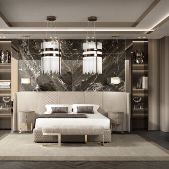 Exceptional DV Home Collection Coco Maxi bed with light cream fabric upholstery and warm gold metallic accenting