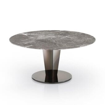 Elegant DV Home Collection Stanley coffee table with grey and white veined marble and subtly-sheened stainless steel column